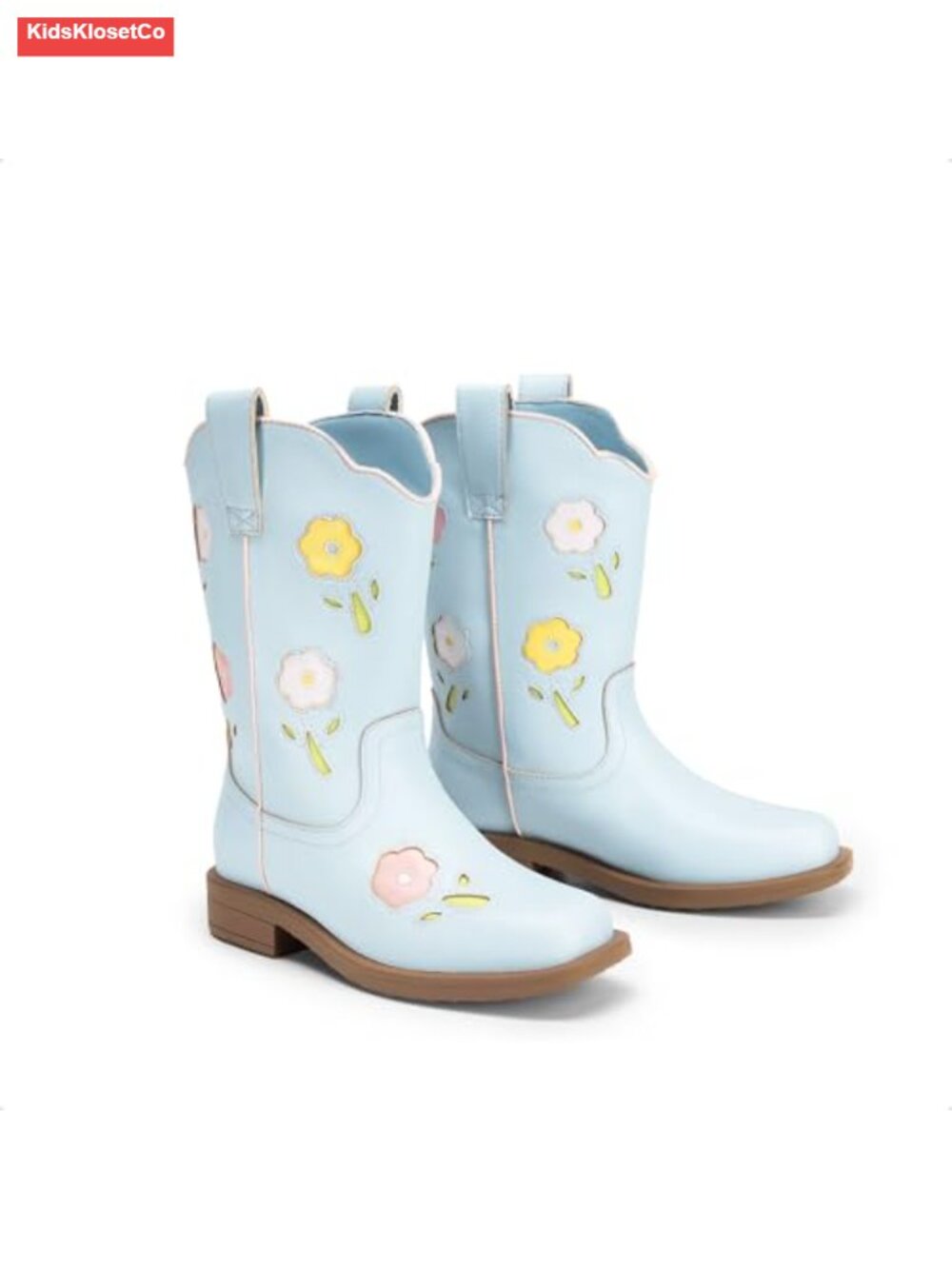 Girls Floral Embroidered Square Toe Cowboy Boots with Dual Pull Tabs - Picture 5 of 6